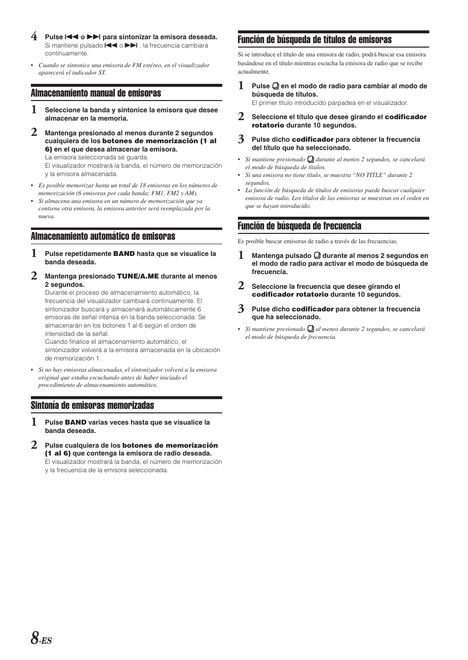 Almacenamiento manual de emisoras, Almacenamiento automático de emisoras, Función de búsqueda de títulos de emisoras | Función de búsqueda de frecuencia | Alpine CDA-9851 User Manual | Page 78 / 103