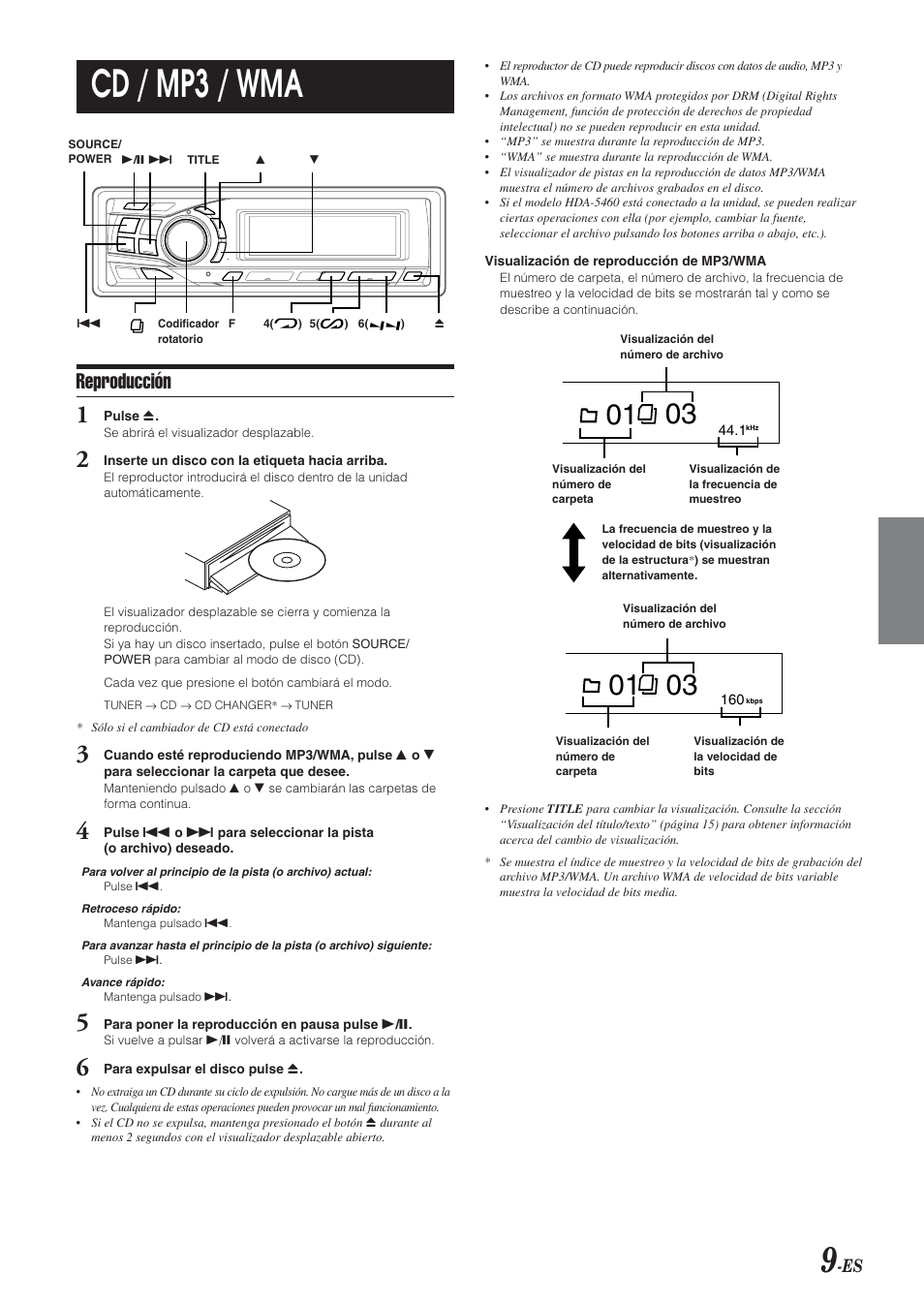 Cd / mp3 / wma, Reproducción | Alpine CDA-9851 User Manual | Page 79 / 103