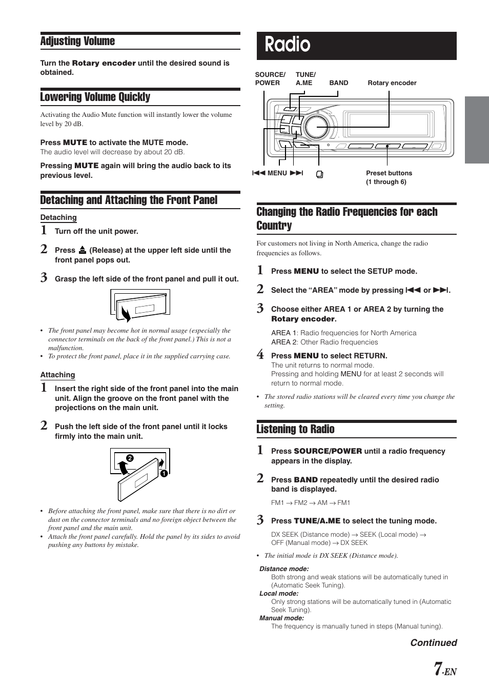Radio, Adjusting volume, Lowering volume quickly | Detaching and attaching the front panel, Changing the radio frequencies for each country, Listening to radio | Alpine CDA-9851 User Manual | Page 8 / 103
