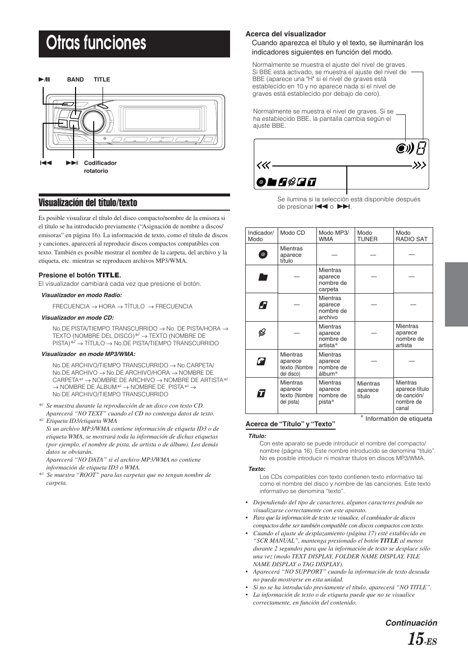 Otras funciones, Visualización del título/texto, Continuación | Alpine CDA-9851 User Manual | Page 85 / 103