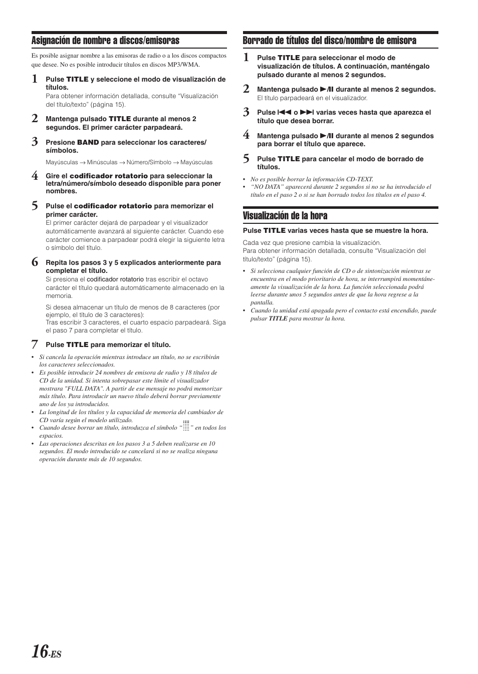 Borrado de títulos del disco/nombre de emisora, Visualización de la hora, Asignación de nombre a discos/emisoras | Alpine CDA-9851 User Manual | Page 86 / 103