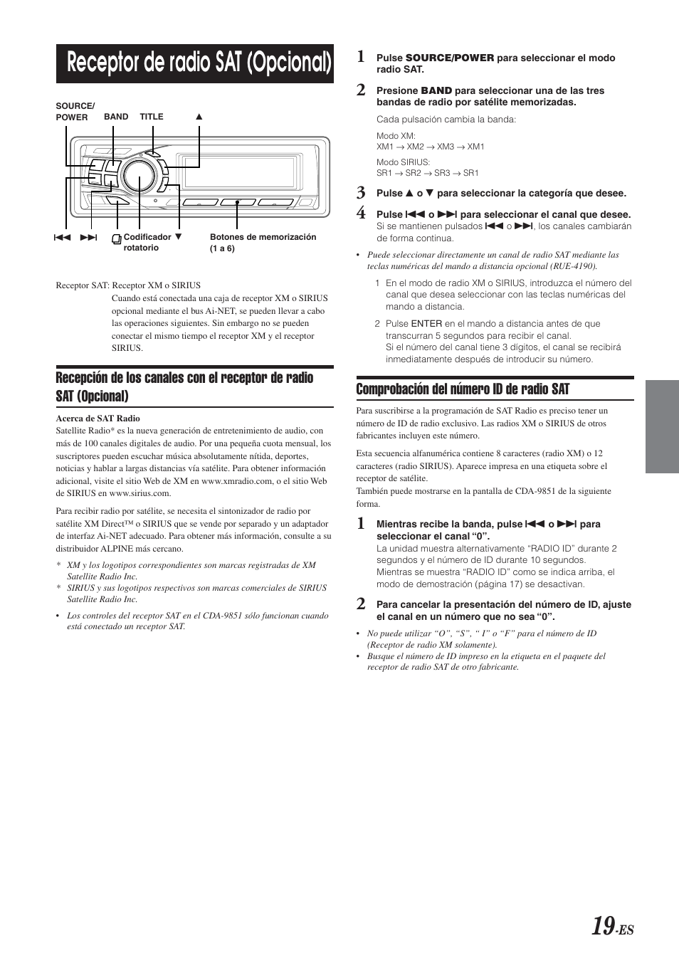 Receptor de radio sat (opcional), Comprobación del número id de radio sat | Alpine CDA-9851 User Manual | Page 89 / 103