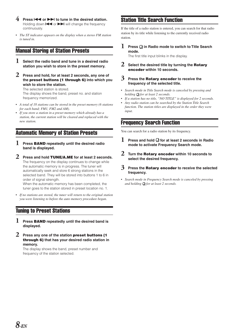 Manual storing of station presets, Tuning to preset stations, Station title search function | Frequency search function | Alpine CDA-9851 User Manual | Page 9 / 103