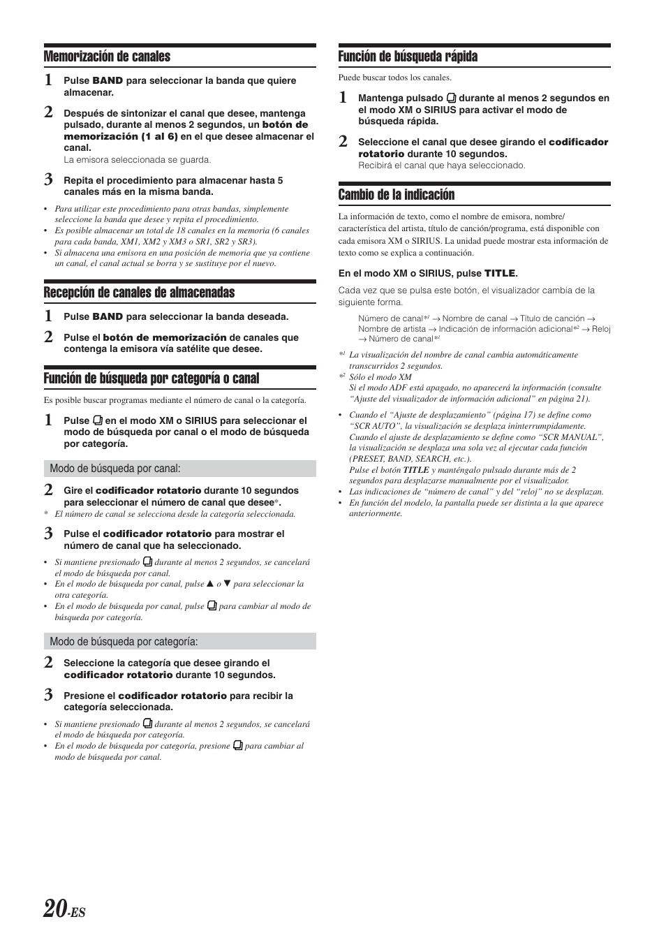 Recepción de canales de almacenadas, Función de búsqueda por categoría o canal, Función de búsqueda rápida | Cambio de la indicación | Alpine CDA-9851 User Manual | Page 90 / 103