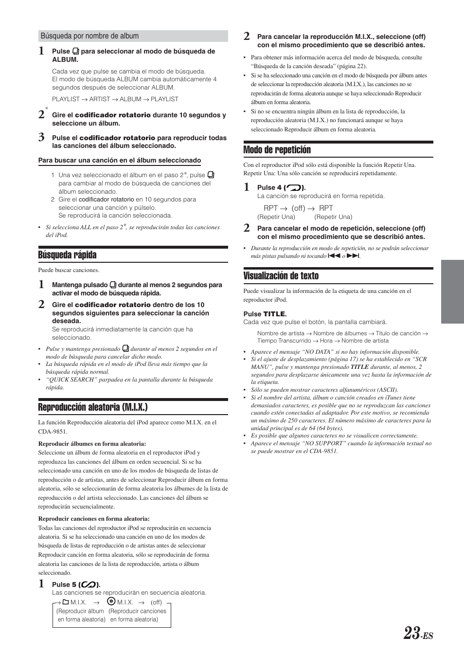 Búsqueda rápida, Reproducción aleatoria (m.i.x.), Modo de repetición | Visualización de texto | Alpine CDA-9851 User Manual | Page 93 / 103