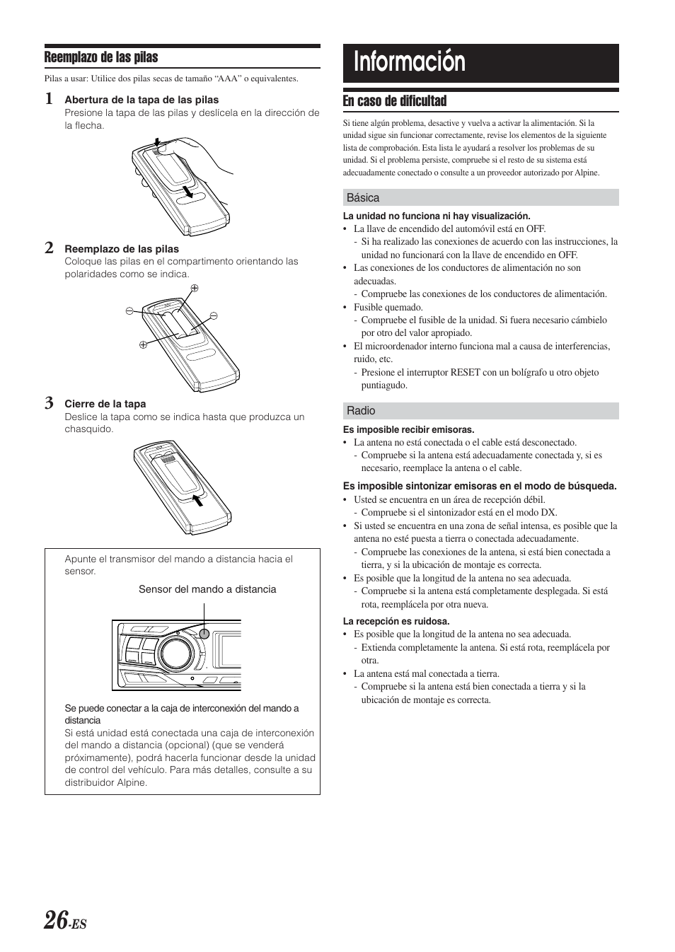 Información, Reemplazo de las pilas, En caso de dificultad | Alpine CDA-9851 User Manual | Page 96 / 103
