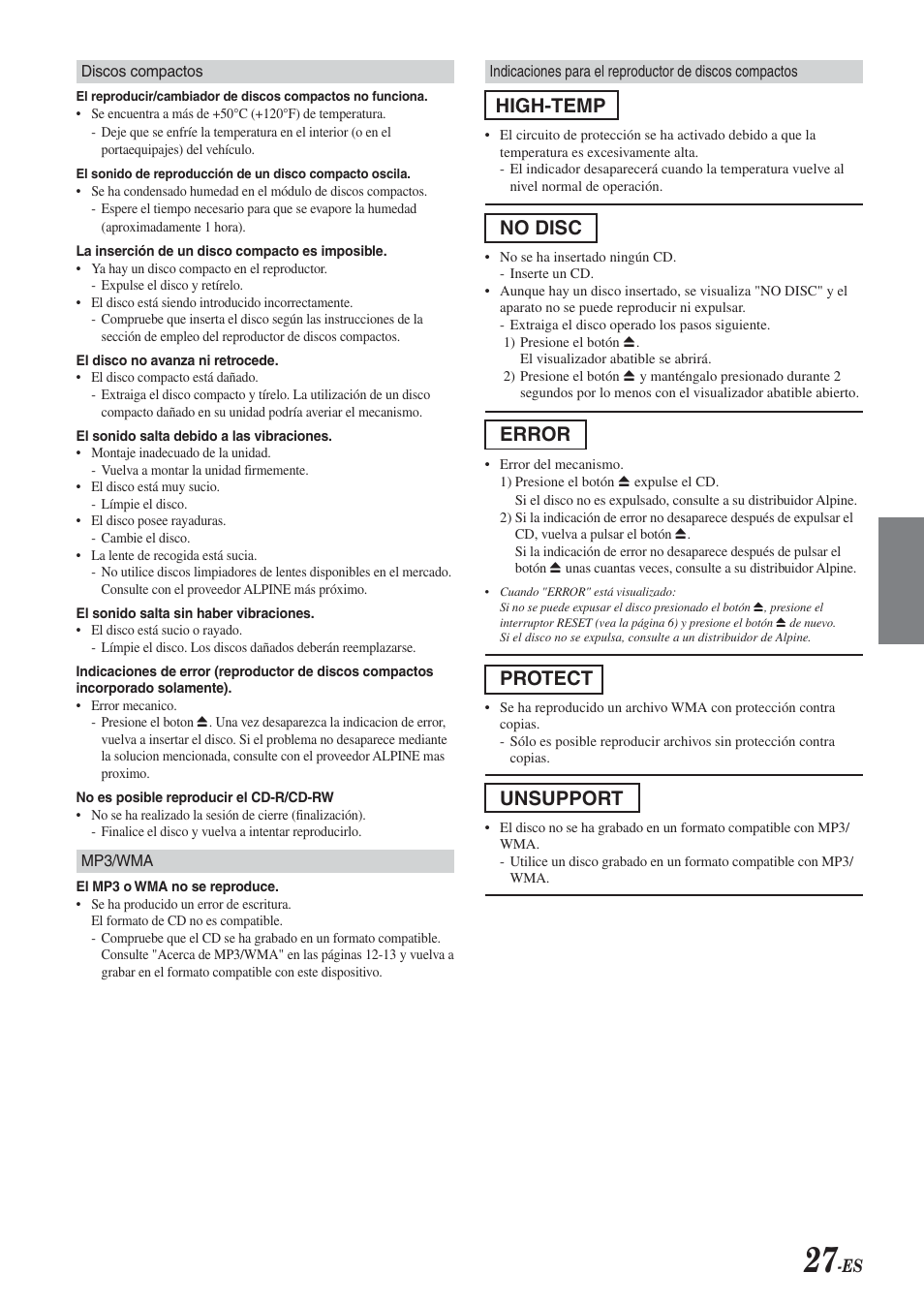 High-temp, No disc, Error | Protect, Unsupport | Alpine CDA-9851 User Manual | Page 97 / 103