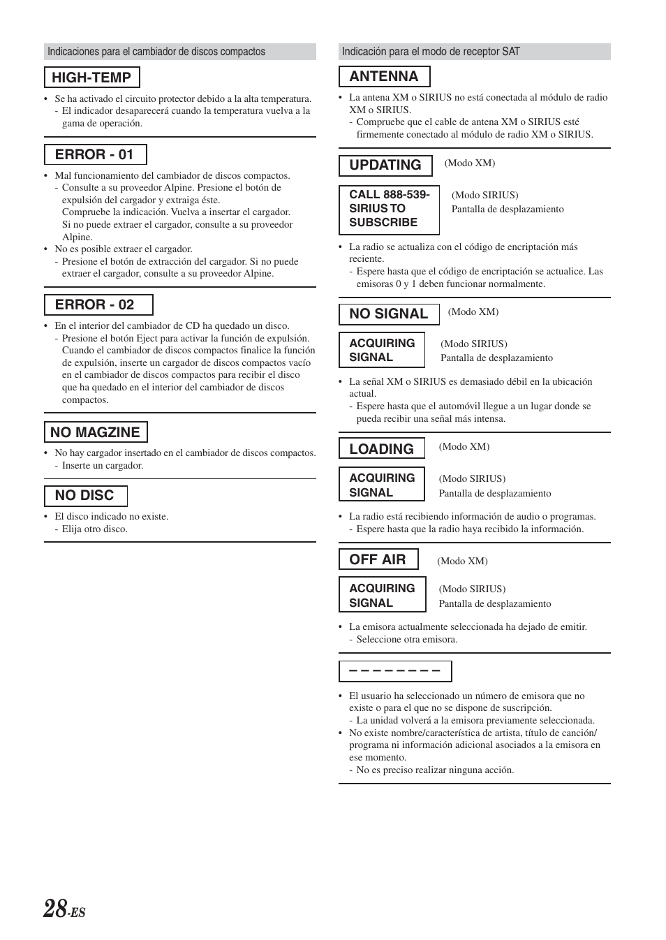 High-temp, Error - 01, Error - 02 | No magzine, No disc, Antenna, Updating, No signal, Loading, Off air | Alpine CDA-9851 User Manual | Page 98 / 103