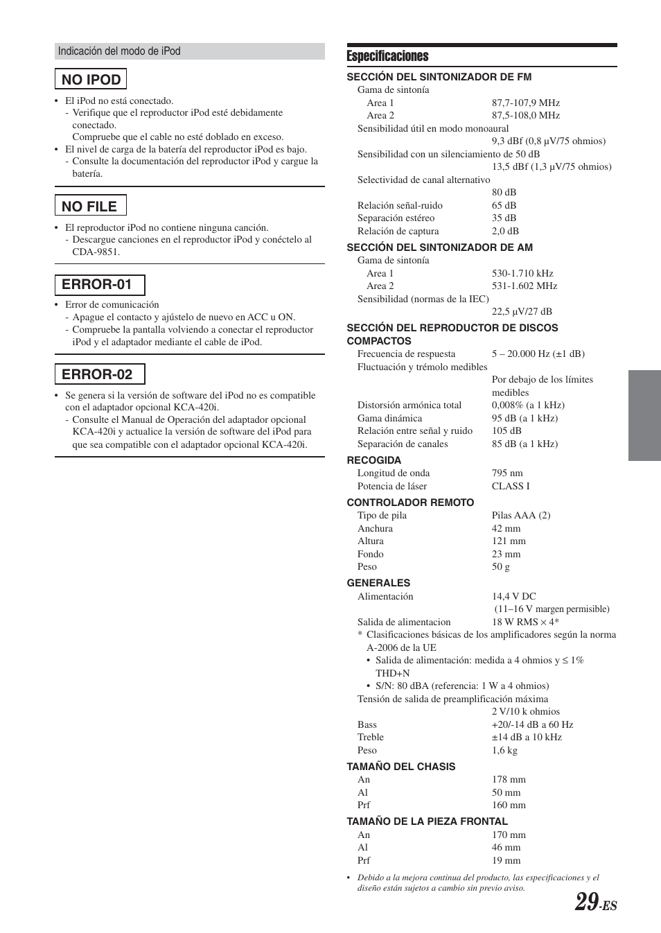Especificaciones, No ipod, No file | Error-01, Error-02 | Alpine CDA-9851 User Manual | Page 99 / 103