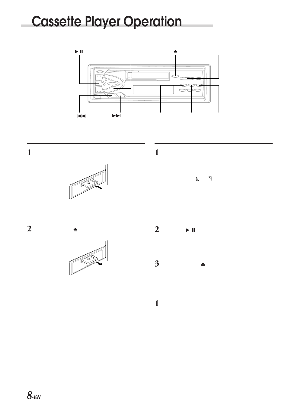 Cassette player operation, Inserting/ejecting cassette, Normal play | Repeat play | Alpine TDM-7574E User Manual | Page 10 / 19