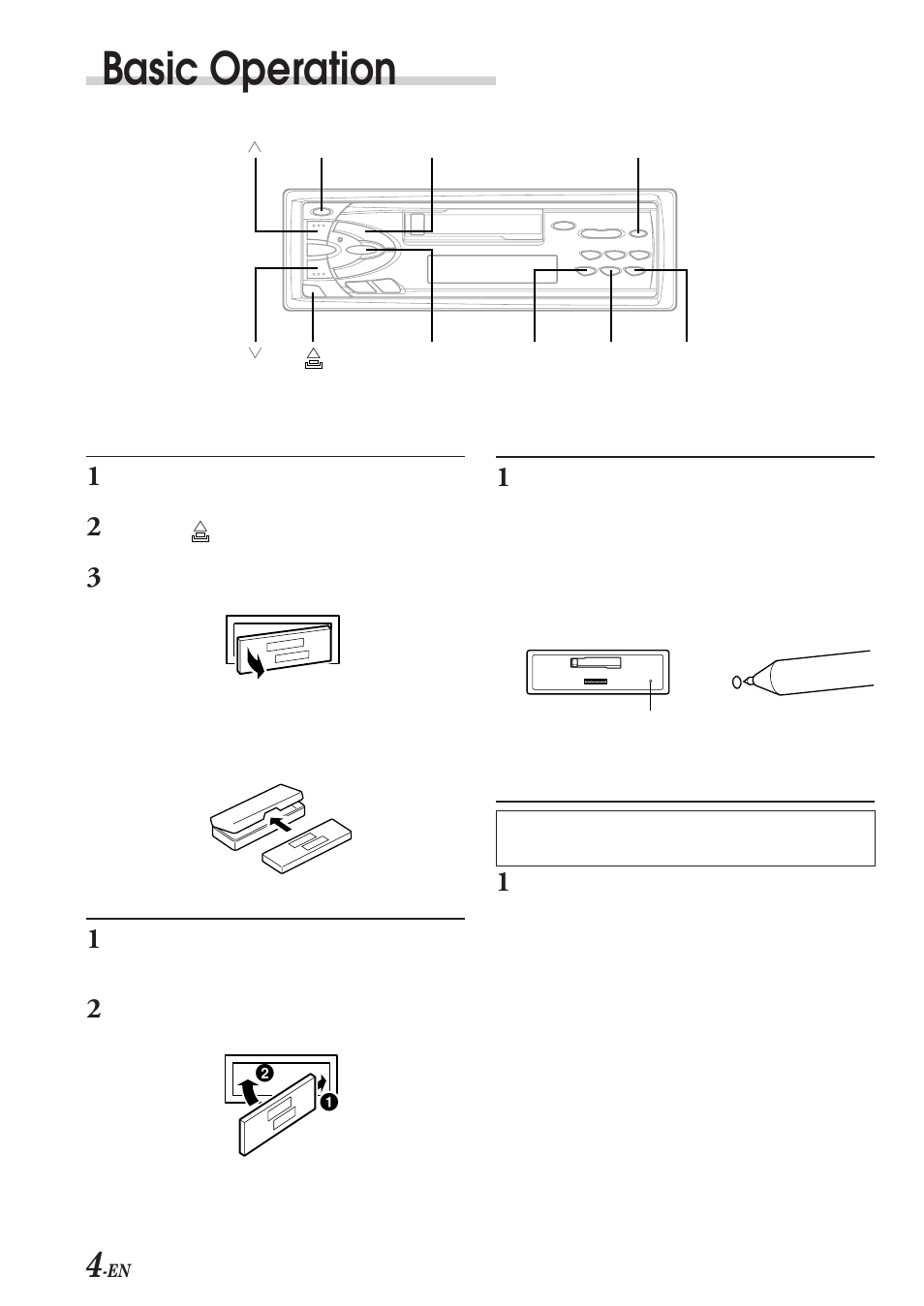Basic operation, Detaching the front panel, Attaching the front panel | Initial system start-up, Automatic setup (a.s.u.) | Alpine TDM-7574E User Manual | Page 6 / 19