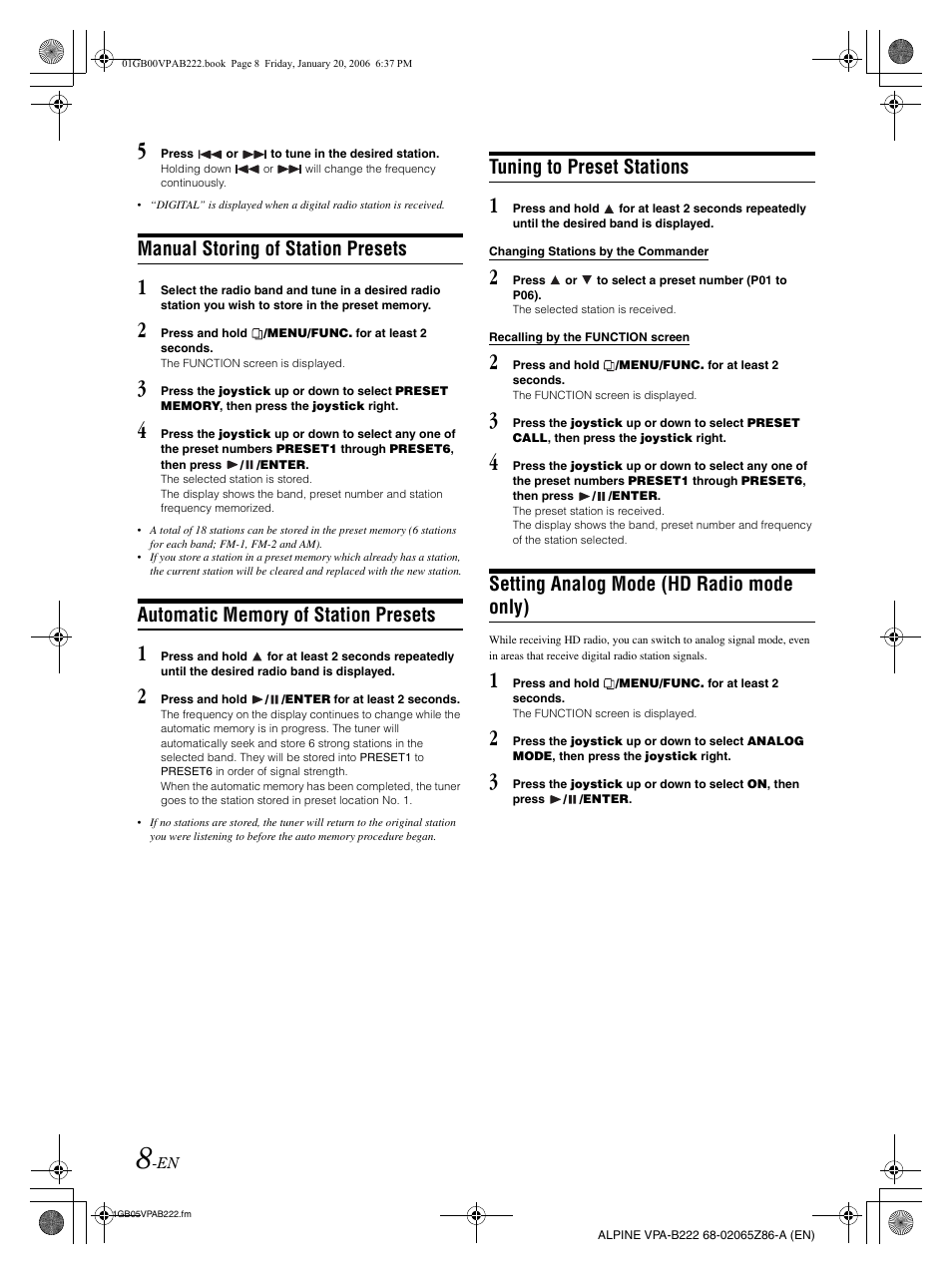 Manual storing of station presets, Tuning to preset stations, Setting analog mode (hd radio mode only) | Alpine VPA-B222 User Manual | Page 10 / 61