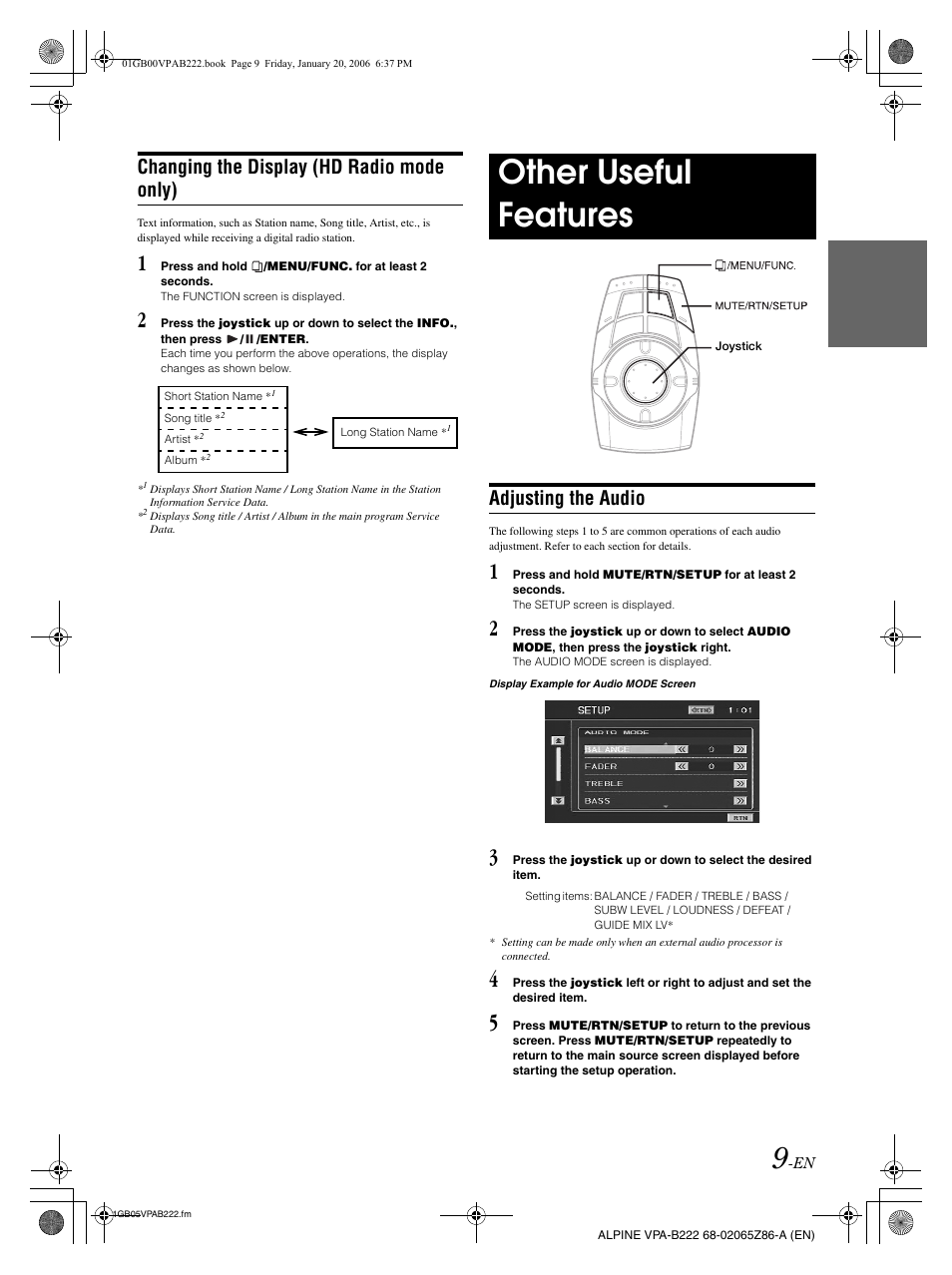 Other useful features, Changing the display (hd radio mode only), Adjusting the audio | Alpine VPA-B222 User Manual | Page 11 / 61