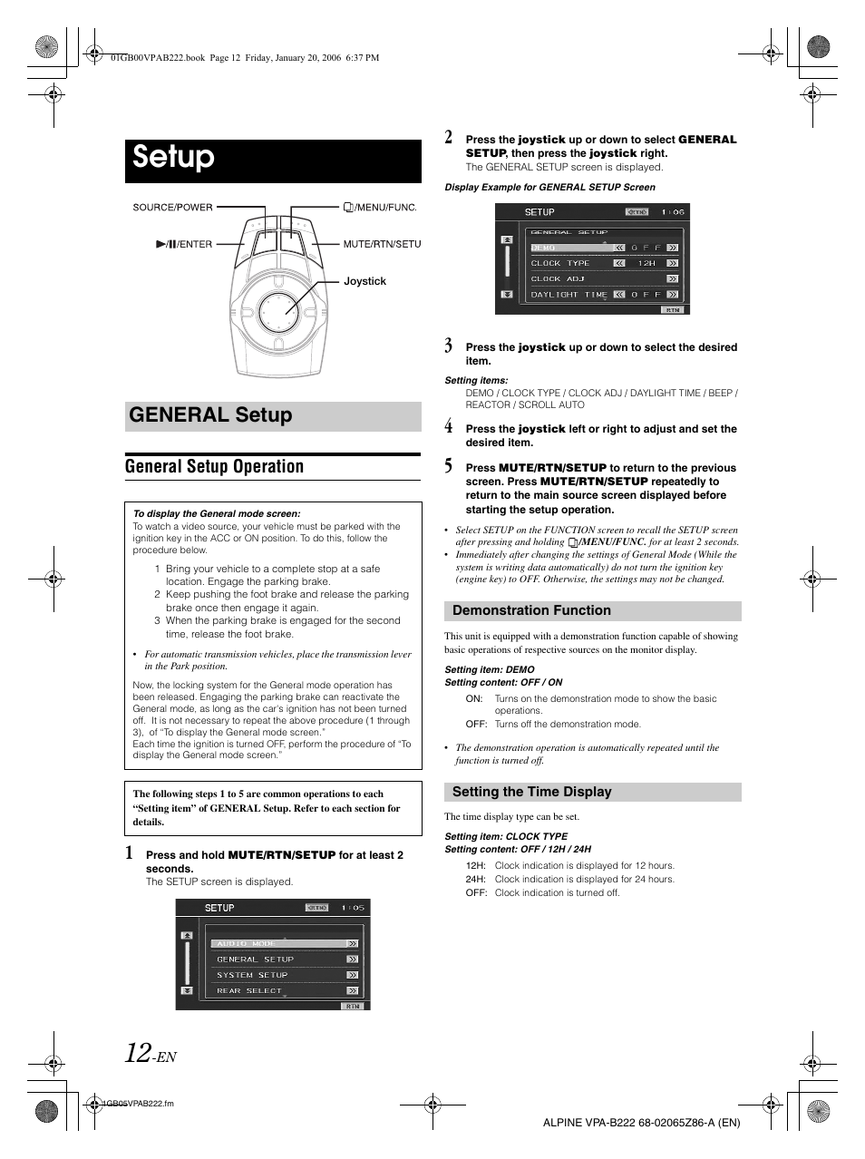 Setup, General setup, General setup operation | Alpine VPA-B222 User Manual | Page 14 / 61