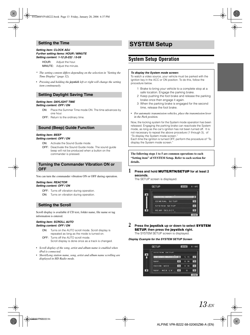 System setup, System setup operation | Alpine VPA-B222 User Manual | Page 15 / 61