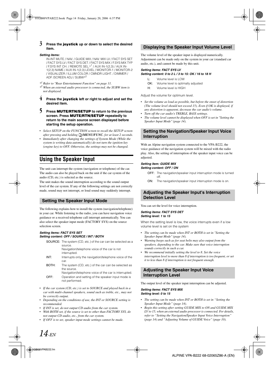 Using the speaker input | Alpine VPA-B222 User Manual | Page 16 / 61