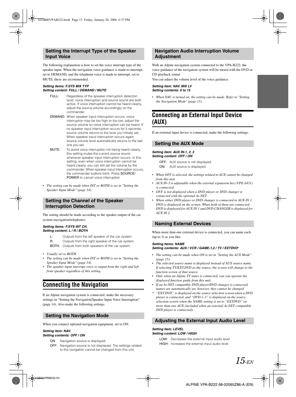 Connecting the navigation, Connecting an external input device (aux), Setting the navigation mode | Alpine VPA-B222 User Manual | Page 17 / 61