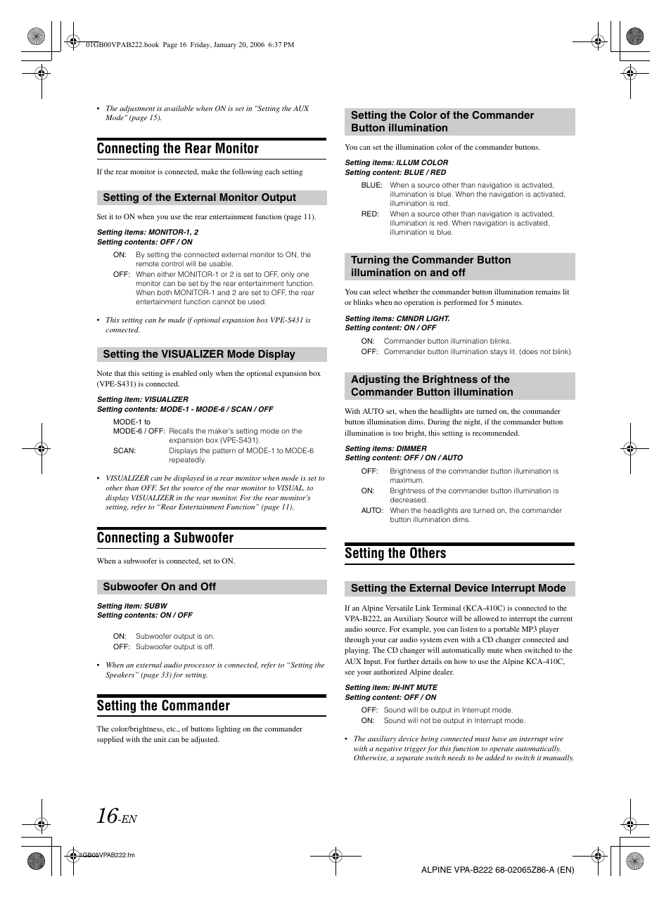 Connecting the rear monitor, Connecting a subwoofer, Setting the commander | Setting the others | Alpine VPA-B222 User Manual | Page 18 / 61