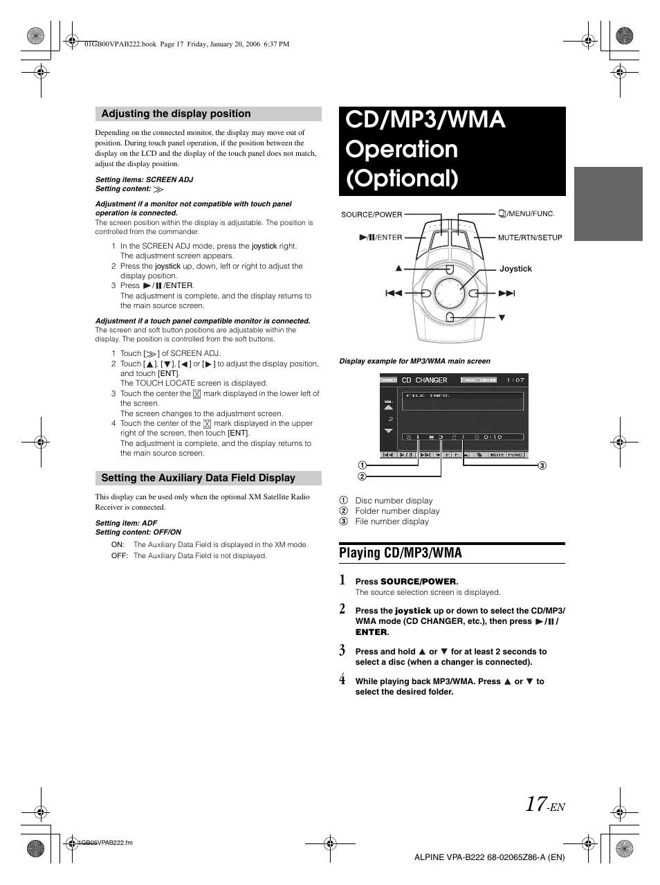 Cd/mp3/wma operation (optional), Playing cd/mp3/wma | Alpine VPA-B222 User Manual | Page 19 / 61