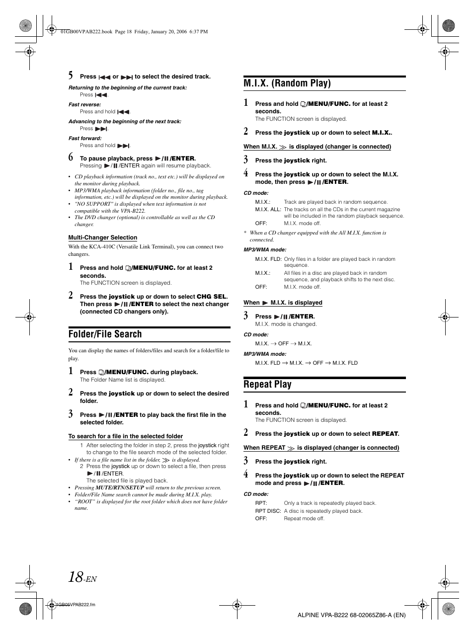 Folder/file search, M.i.x. (random play), Repeat play | Alpine VPA-B222 User Manual | Page 20 / 61