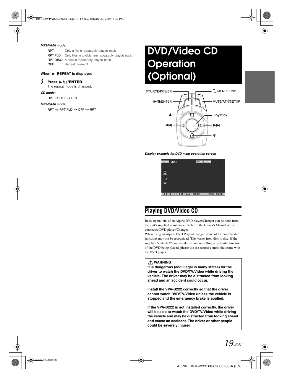 Dvd/video cd operation (optional), Playing dvd/video cd | Alpine VPA-B222 User Manual | Page 21 / 61