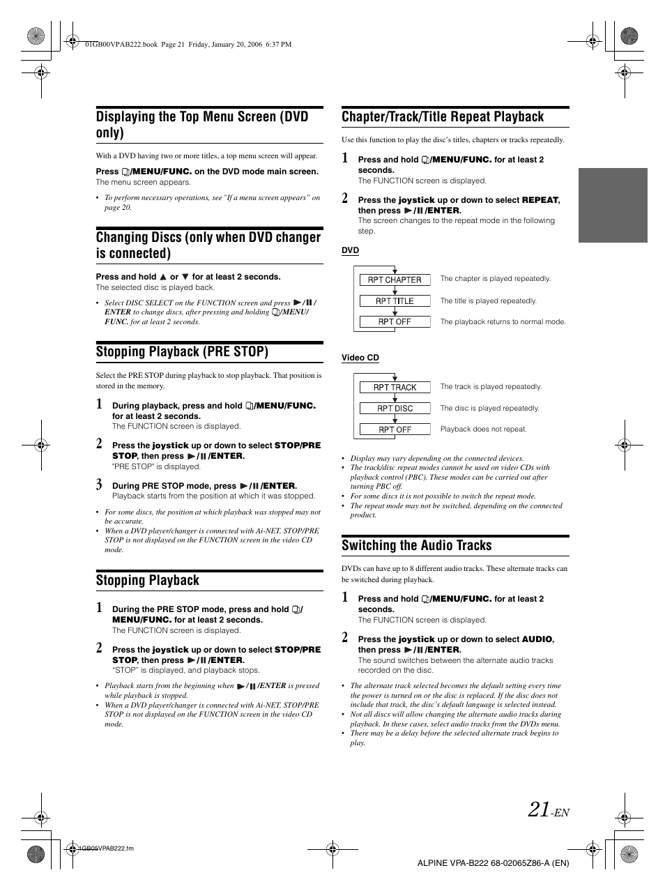 Displaying the top menu screen (dvd only), Stopping playback (pre stop), Stopping playback | Chapter/track/title repeat playback, Switching the audio tracks | Alpine VPA-B222 User Manual | Page 23 / 61