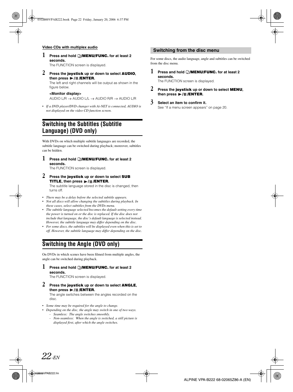 Switching the angle (dvd only) | Alpine VPA-B222 User Manual | Page 24 / 61