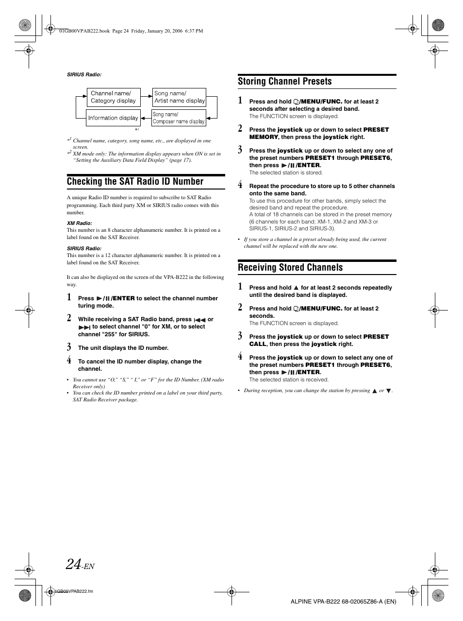 Checking the sat radio id number, Storing channel presets, Receiving stored channels | Alpine VPA-B222 User Manual | Page 26 / 61