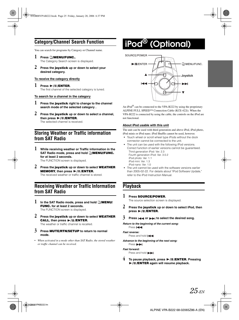 Ipod, Optional), Category/channel search function | Playback | Alpine VPA-B222 User Manual | Page 27 / 61