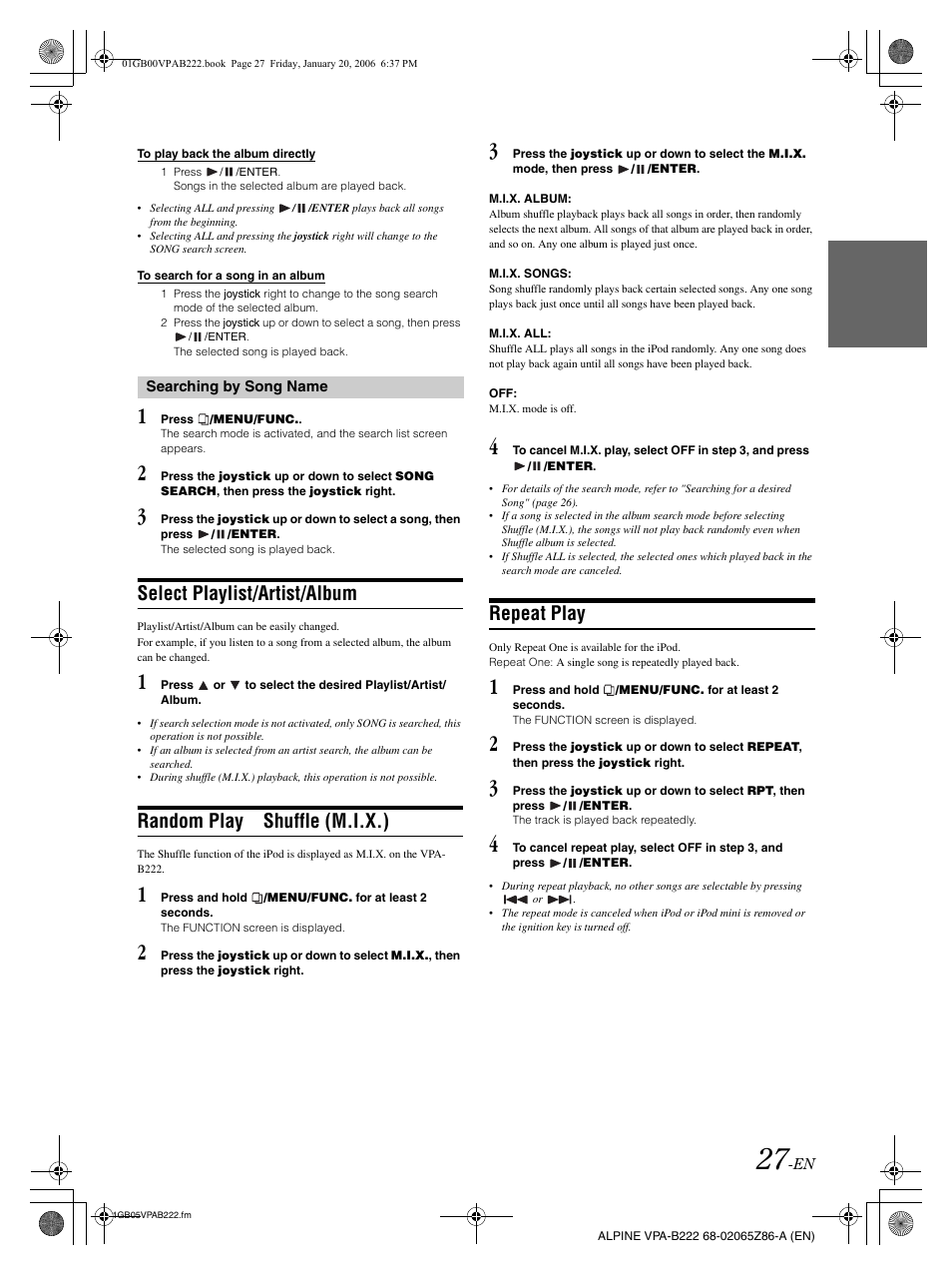 Select playlist/artist/album, Random play shuffle (m.i.x.), Repeat play | Alpine VPA-B222 User Manual | Page 29 / 61