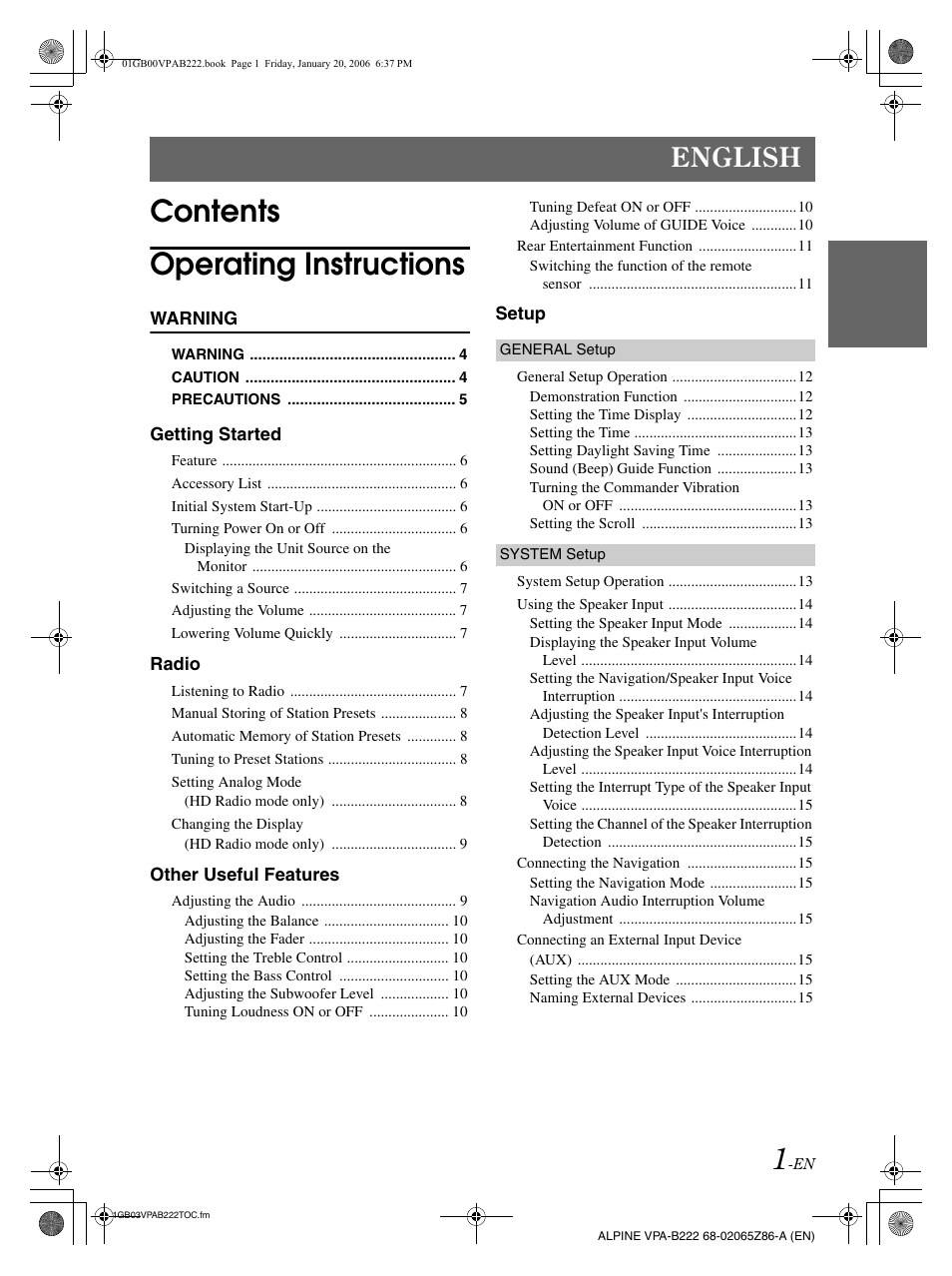 Contents operating instructions, English | Alpine VPA-B222 User Manual | Page 3 / 61