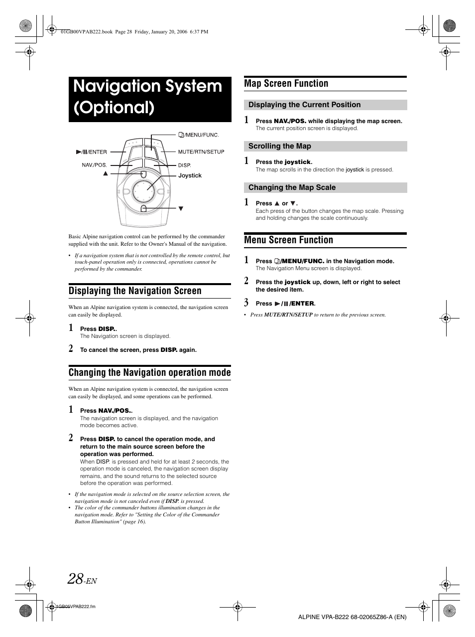 Navigation system (optional), Displaying the navigation screen, Changing the navigation operation mode | Map screen function, Menu screen function | Alpine VPA-B222 User Manual | Page 30 / 61