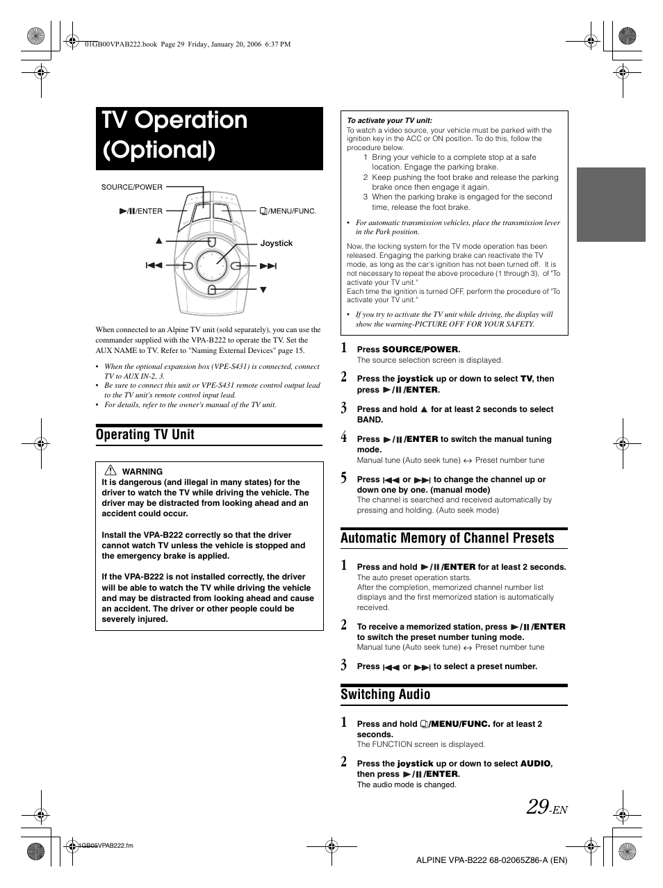 Tv operation (optional), Operating tv unit, Switching audio | Alpine VPA-B222 User Manual | Page 31 / 61
