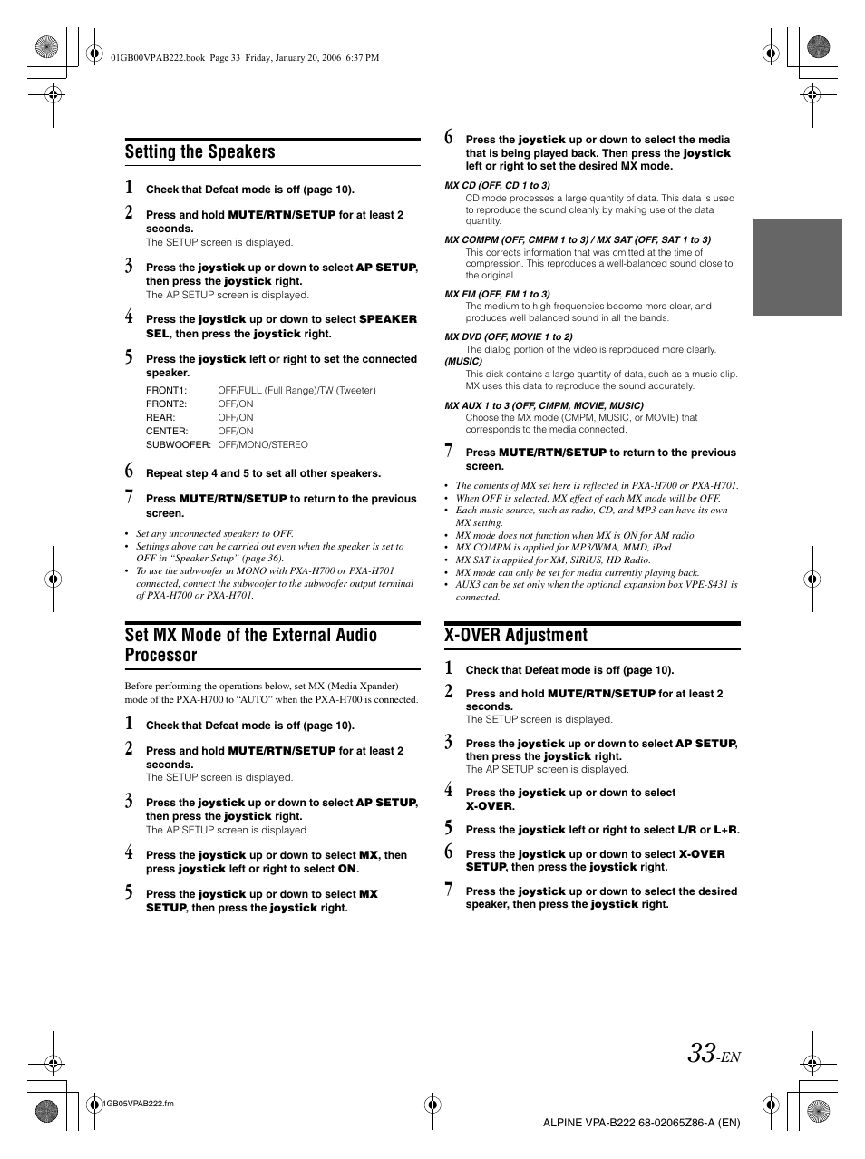 Setting the speakers, Set mx mode of the external audio processor, X-over adjustment | Alpine VPA-B222 User Manual | Page 35 / 61