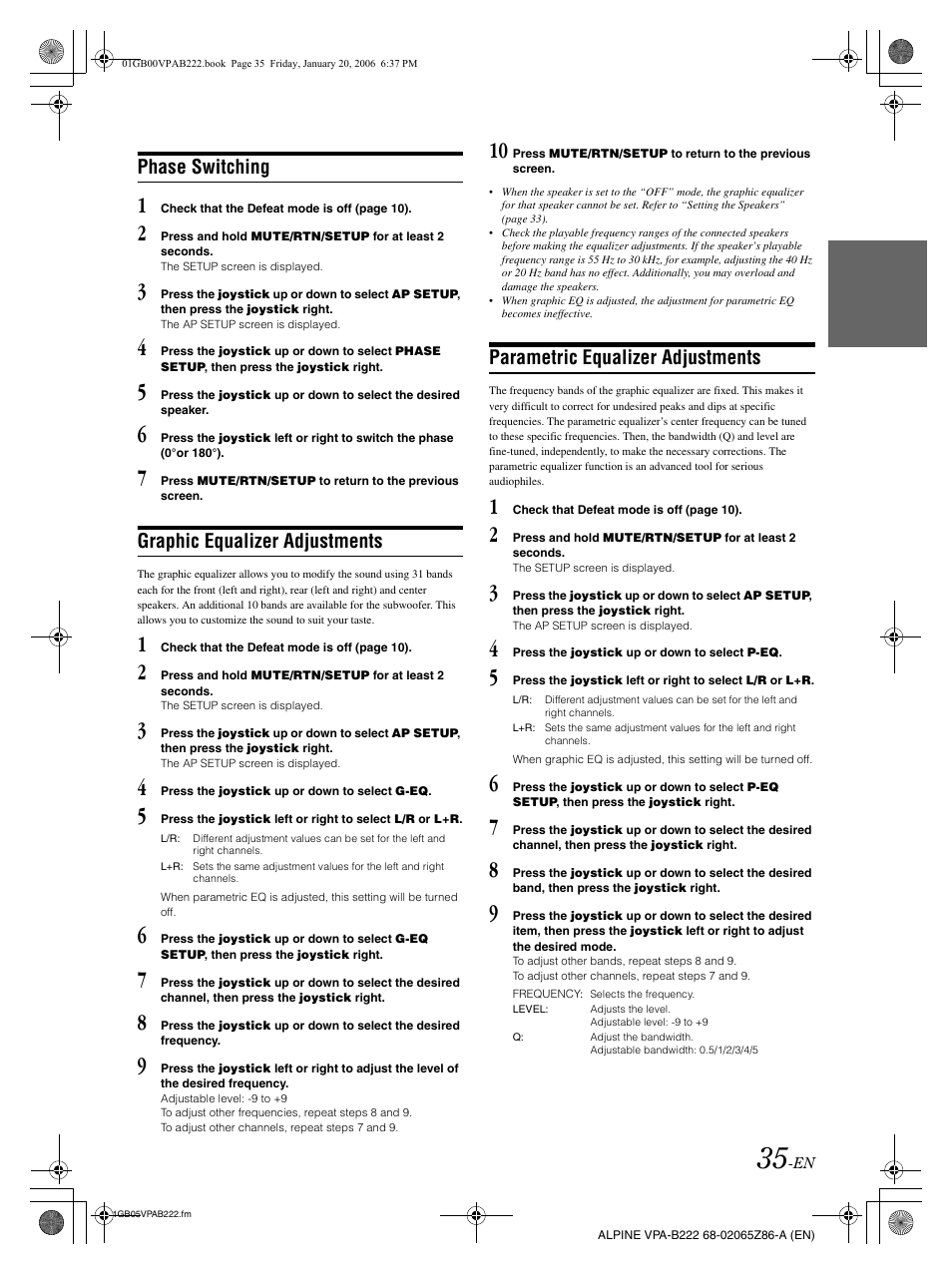 Phase switching, Graphic equalizer adjustments, Parametric equalizer adjustments | Alpine VPA-B222 User Manual | Page 37 / 61