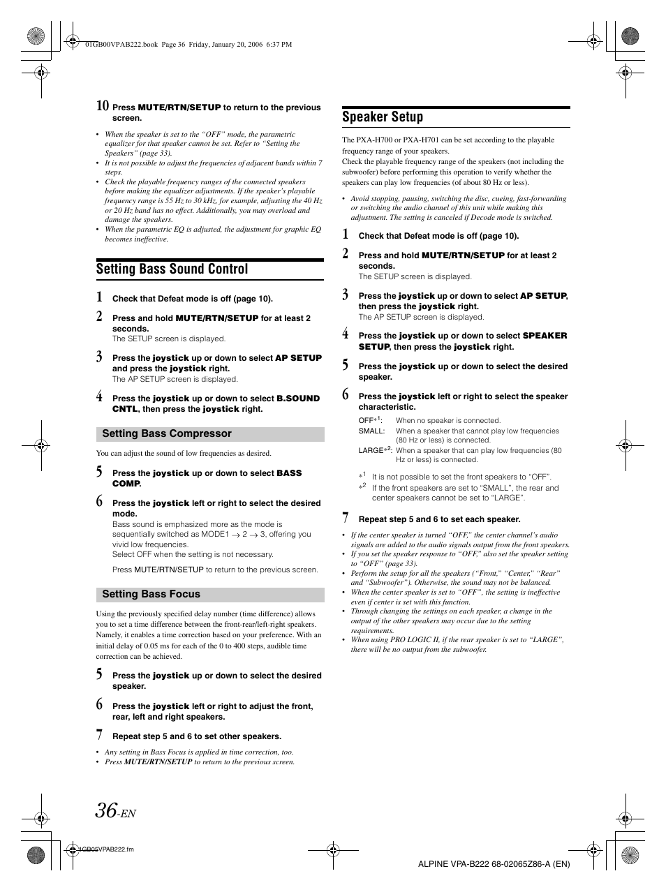 Setting bass sound control, Speaker setup | Alpine VPA-B222 User Manual | Page 38 / 61