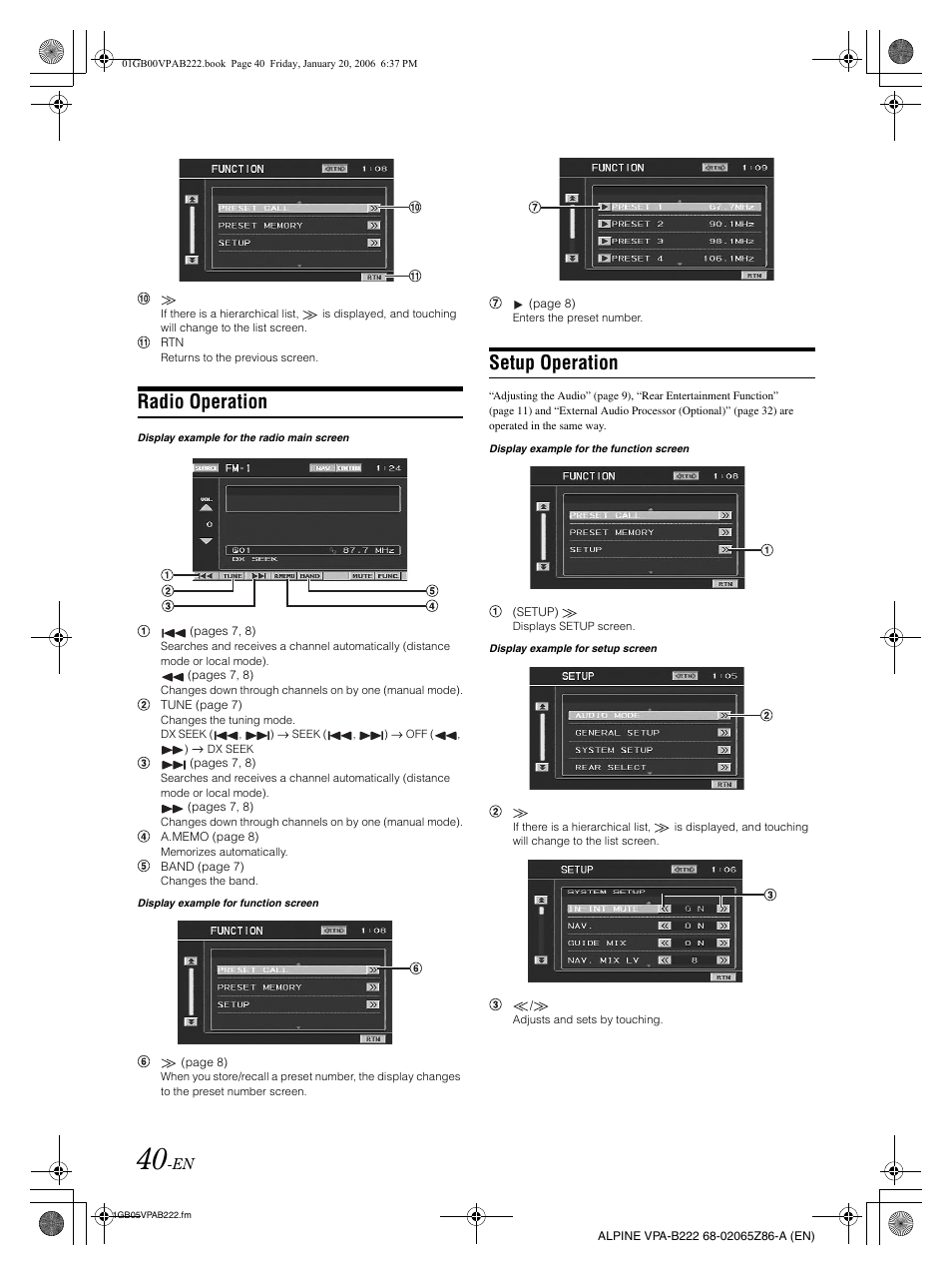 Radio operation, Setup operation | Alpine VPA-B222 User Manual | Page 42 / 61