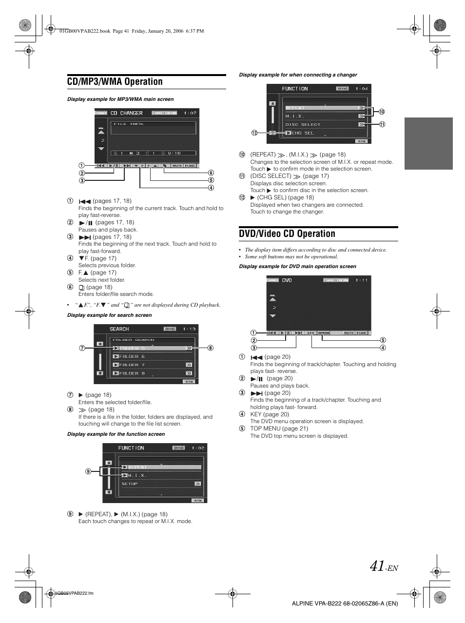 Cd/mp3/wma operation, Dvd/video cd operation | Alpine VPA-B222 User Manual | Page 43 / 61
