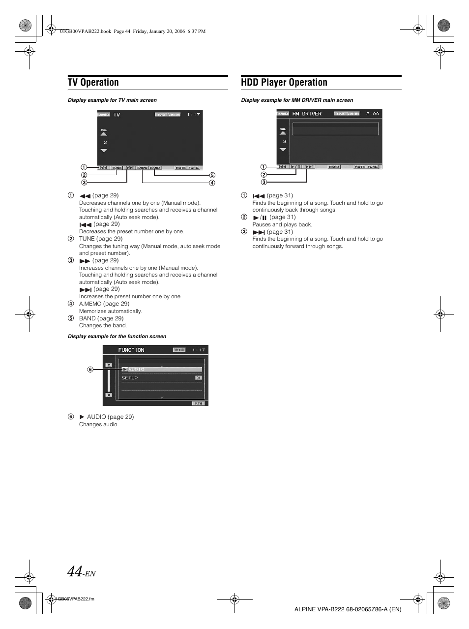 Tv operation, Hdd player operation | Alpine VPA-B222 User Manual | Page 46 / 61