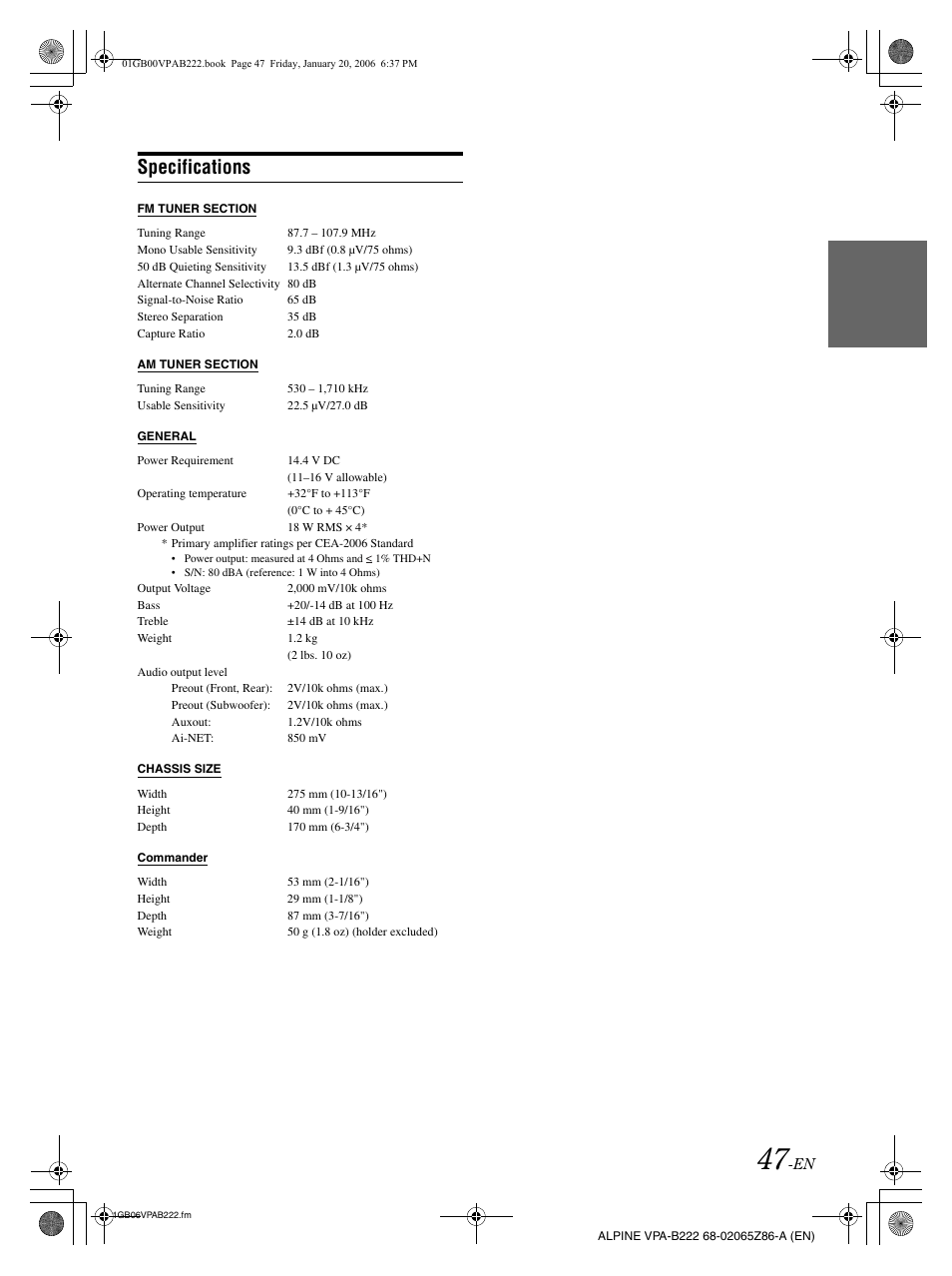 Specifications | Alpine VPA-B222 User Manual | Page 49 / 61