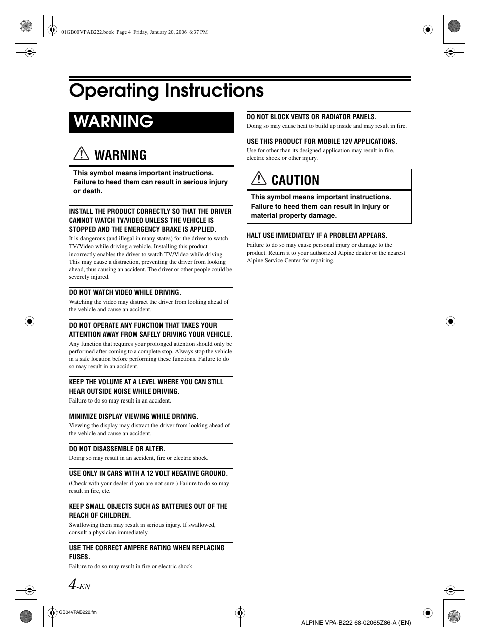 Operating instructions, Warning, Caution | Alpine VPA-B222 User Manual | Page 6 / 61