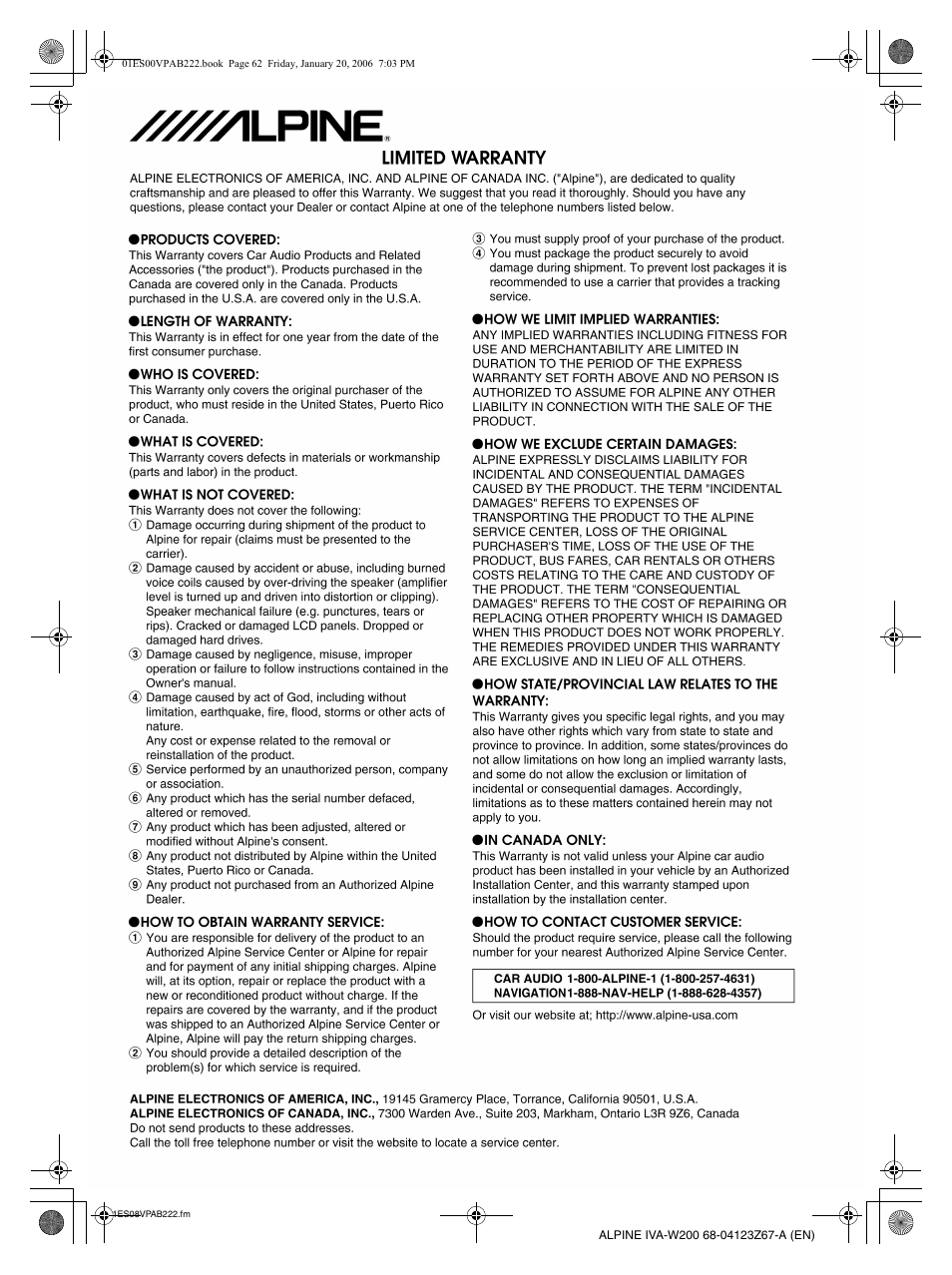 Alpine VPA-B222 User Manual | Page 61 / 61