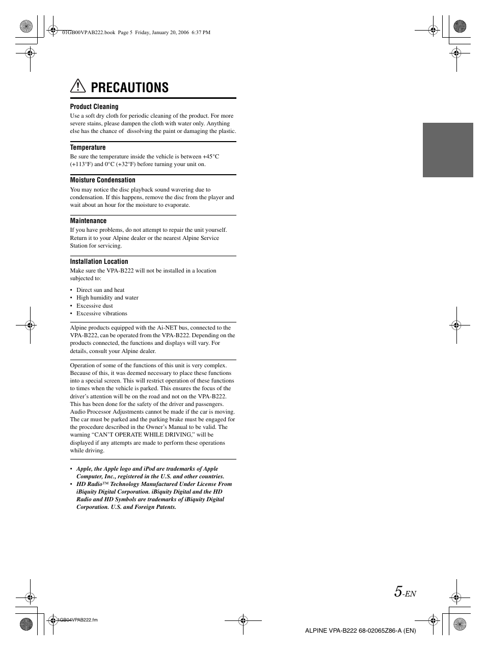 Precautions | Alpine VPA-B222 User Manual | Page 7 / 61