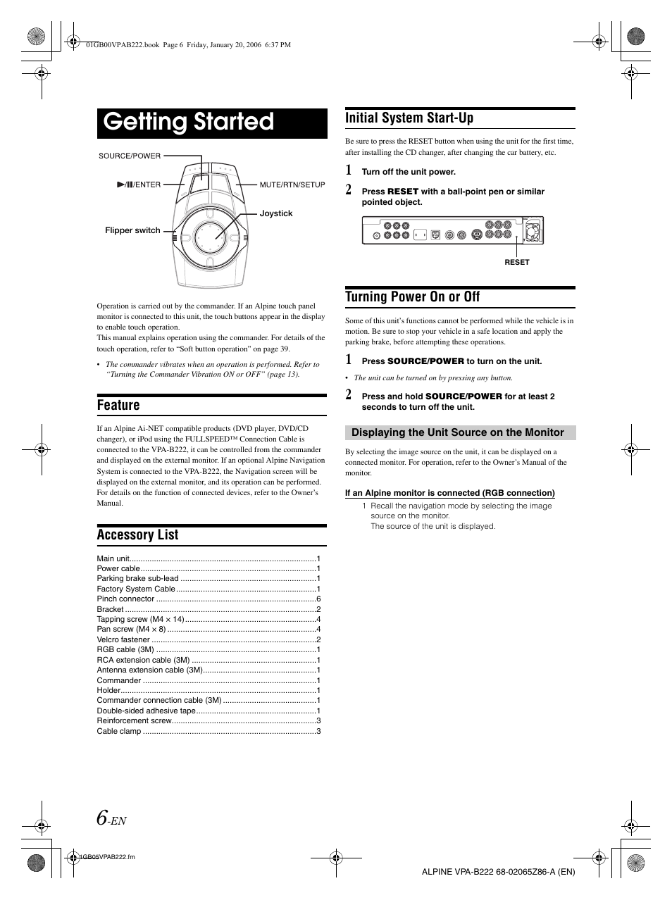 Getting started, Feature, Accessory list | Initial system start-up, Turning power on or off | Alpine VPA-B222 User Manual | Page 8 / 61