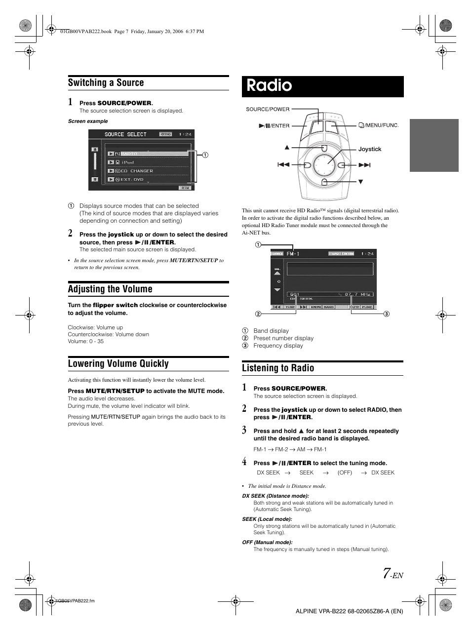 Radio, Switching a source, Adjusting the volume | Lowering volume quickly, Listening to radio | Alpine VPA-B222 User Manual | Page 9 / 61