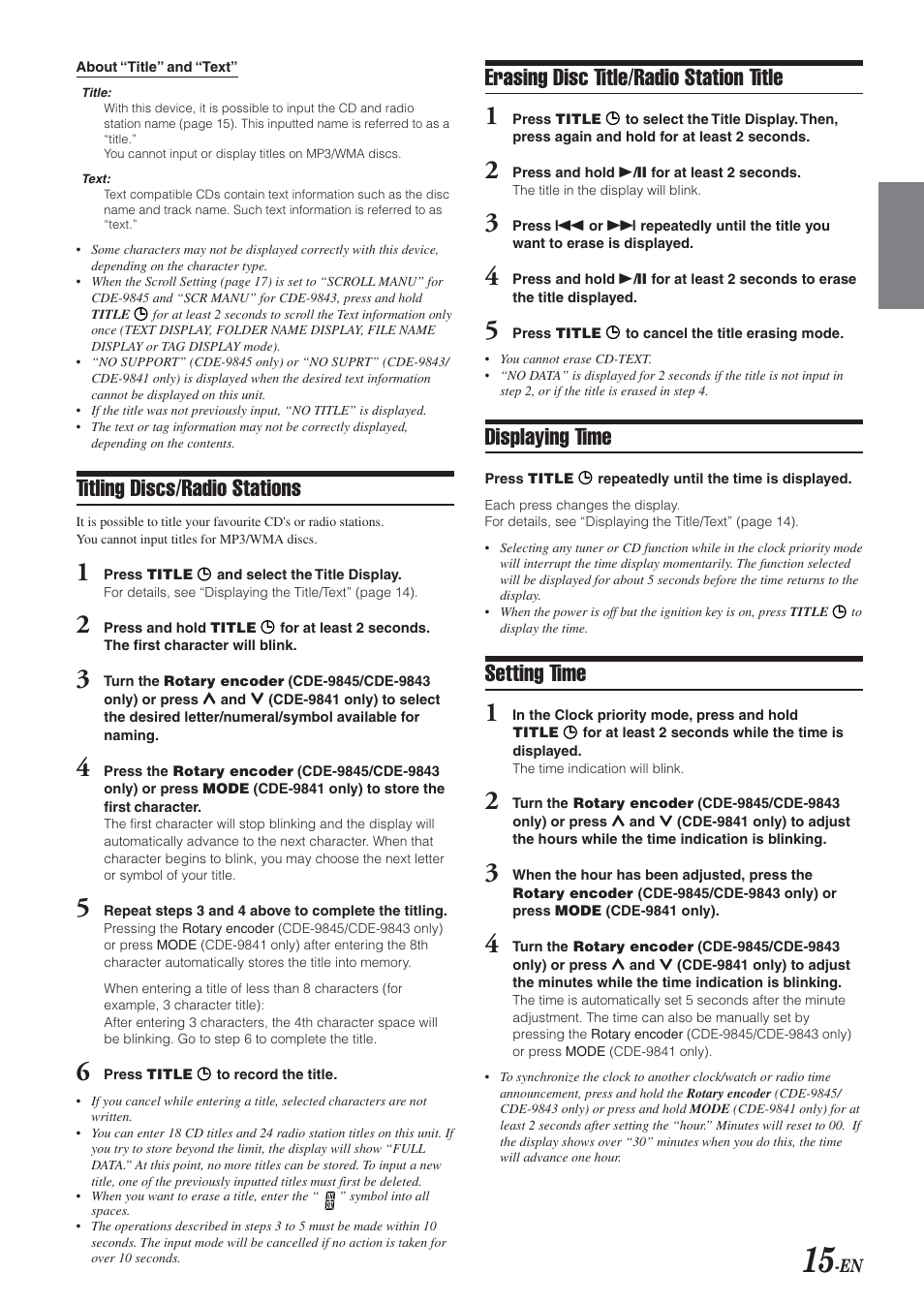 Erasing disc title/radio station title, Displaying time, Setting time | Titling discs/radio stations | Alpine CDE-9845 User Manual | Page 16 / 25