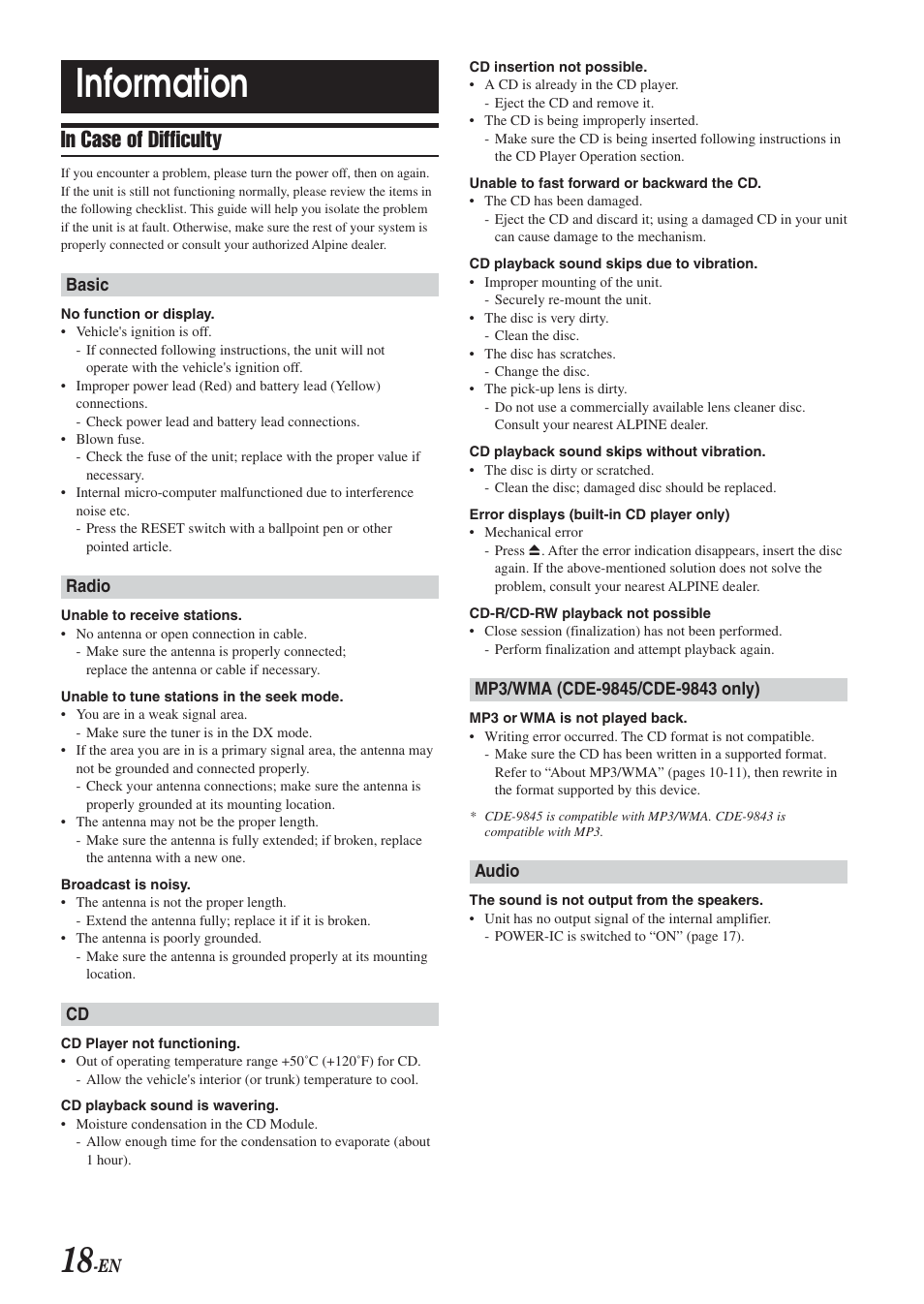 Information | Alpine CDE-9845 User Manual | Page 19 / 25