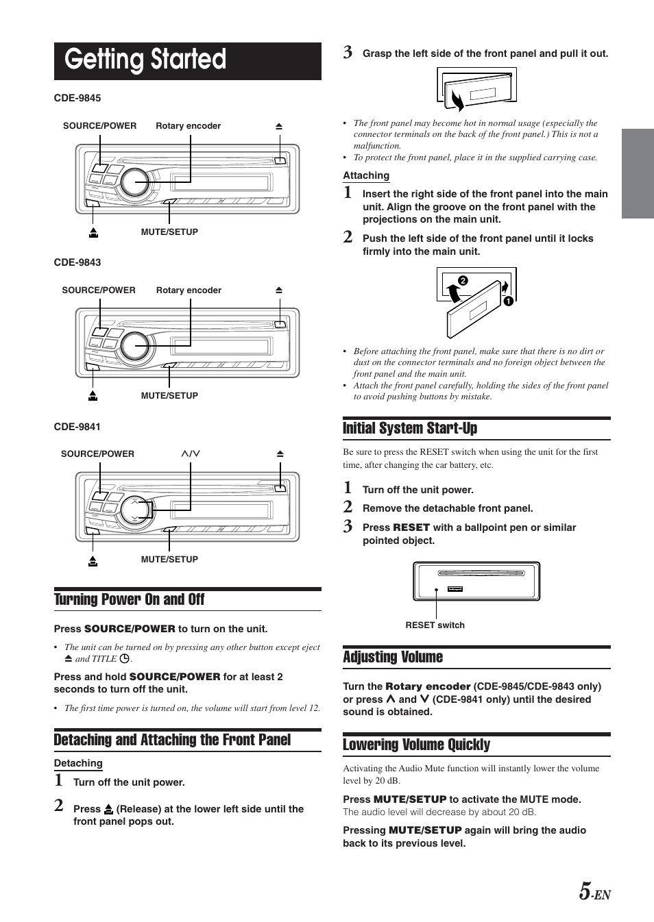 Getting started, Turning power on and off, Detaching and attaching the front panel | Initial system start-up, Adjusting volume, Lowering volume quickly | Alpine CDE-9845 User Manual | Page 6 / 25