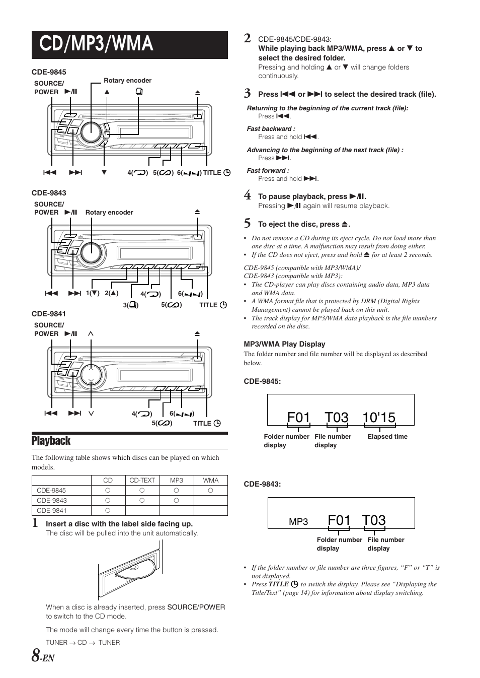 Cd/mp3/wma, F01 t03, Playback | Alpine CDE-9845 User Manual | Page 9 / 25