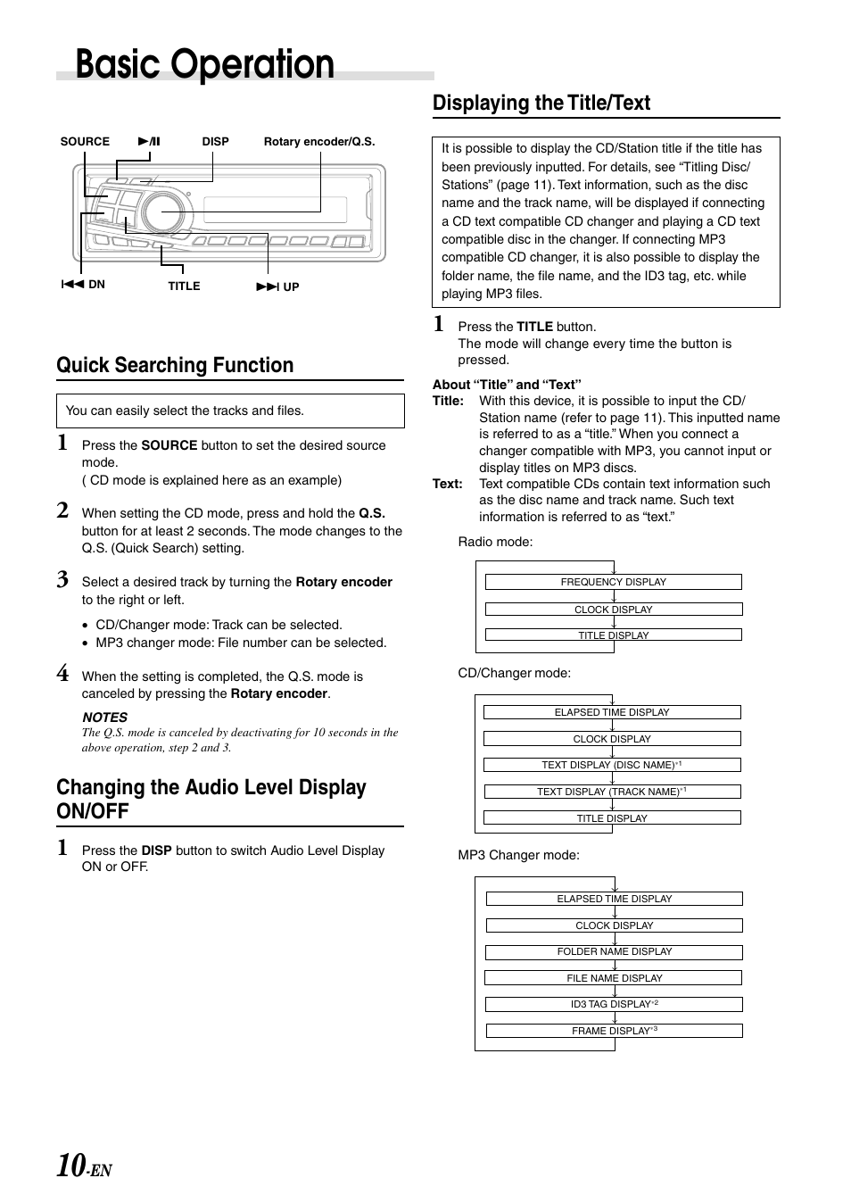 Basic operation, Displaying the title/text, Quick searching function | Changing the audio level display on/off | Alpine CDA-7892E User Manual | Page 12 / 32